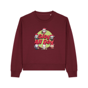 burgundy christmas jumper with the graphic of santa with some popular horror movie characters and the slogan 'slay all day'