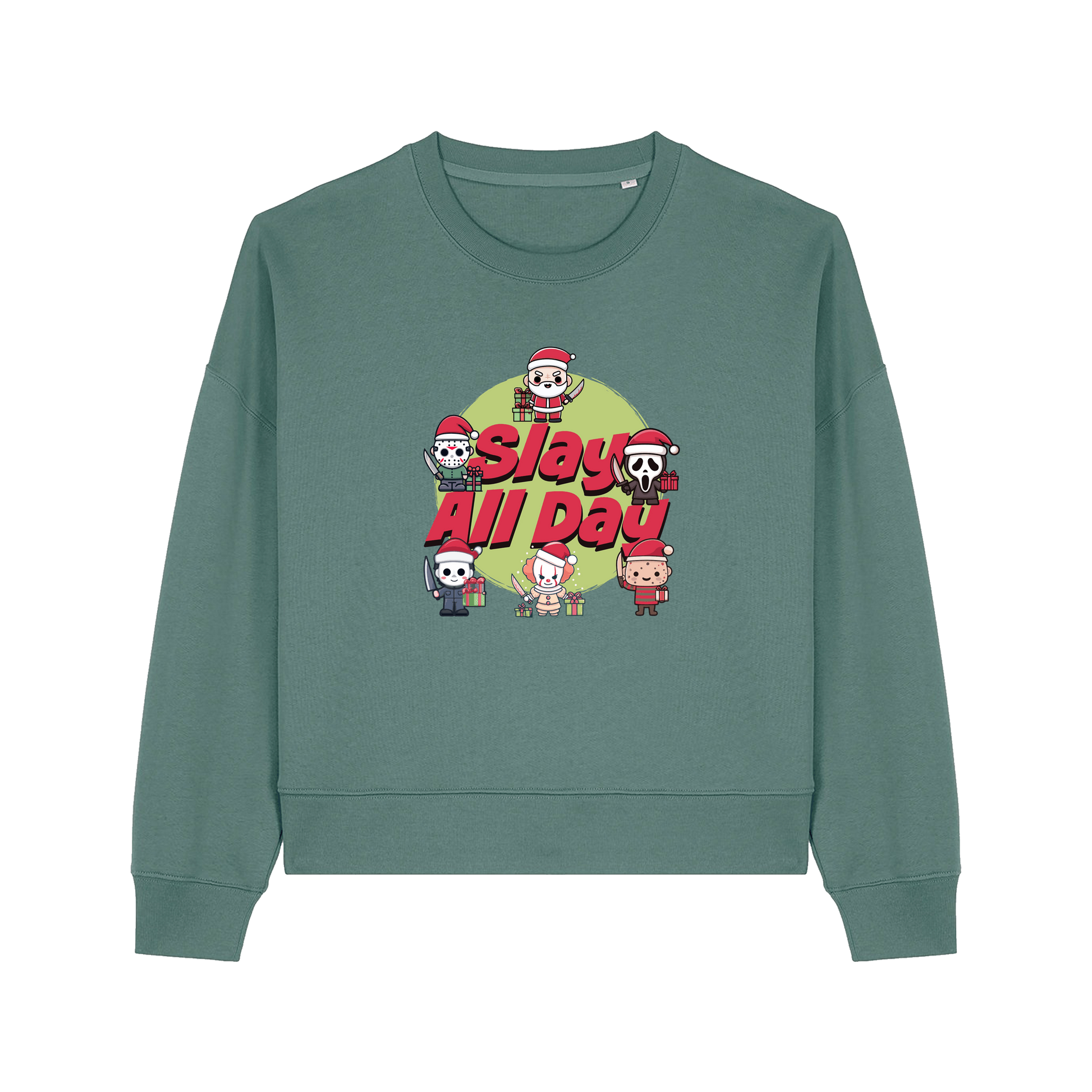 green christmas jumper with the graphic of santa with some popular horror movie characters and the slogan 'slay all day'