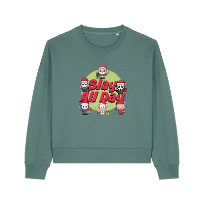 green christmas jumper with the graphic of santa with some popular horror movie characters and the slogan 'slay all day'