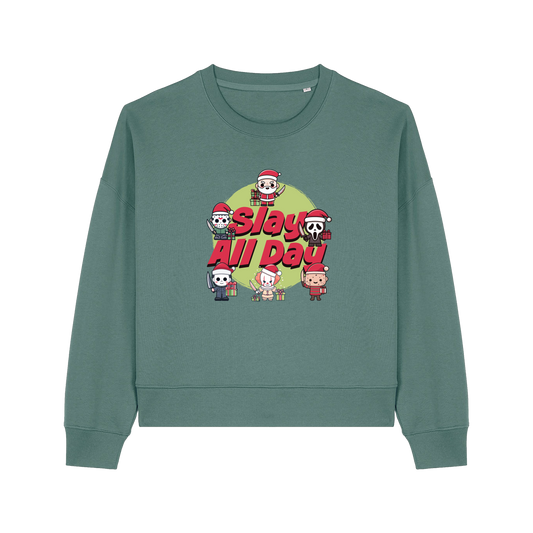 green christmas jumper with the graphic of santa with some popular horror movie characters and the slogan 'slay all day'