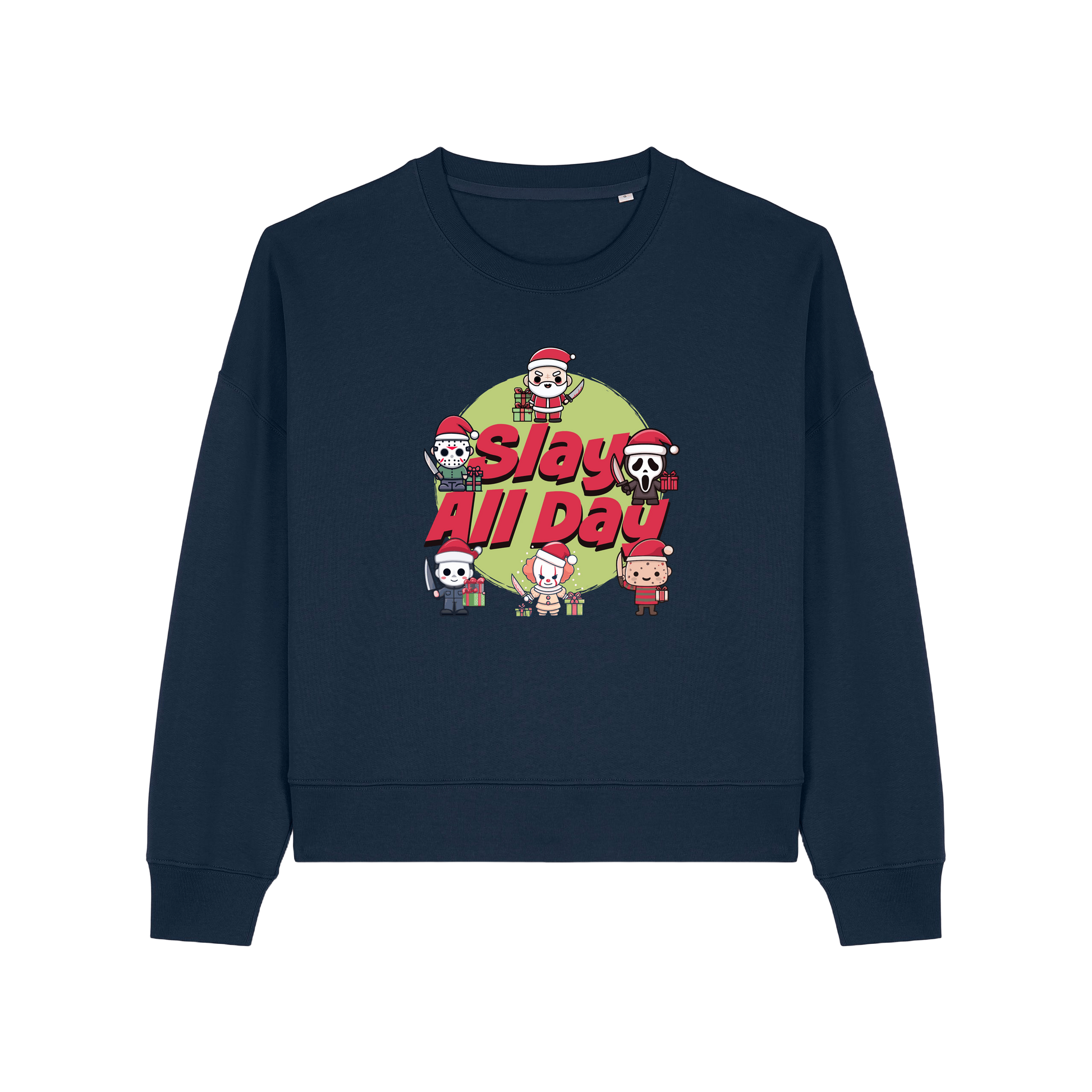 navy christmas jumper with the graphic of santa with some popular horror movie characters and the slogan 'slay all day'