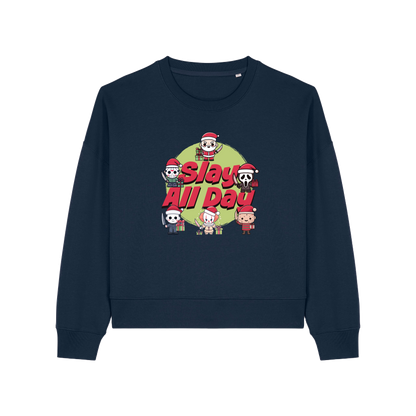 navy christmas jumper with the graphic of santa with some popular horror movie characters and the slogan 'slay all day'