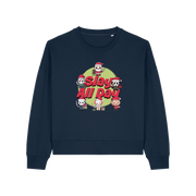 navy christmas jumper with the graphic of santa with some popular horror movie characters and the slogan 'slay all day'