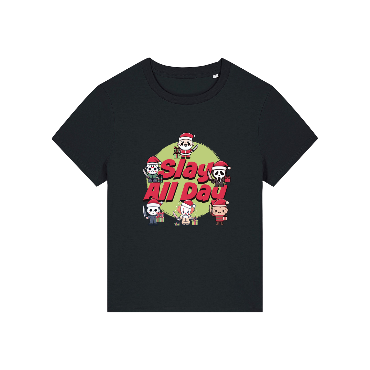 black christmas t-shirt with the graphic of some popular horror movie characters with santa and the slogan 'slay all day'