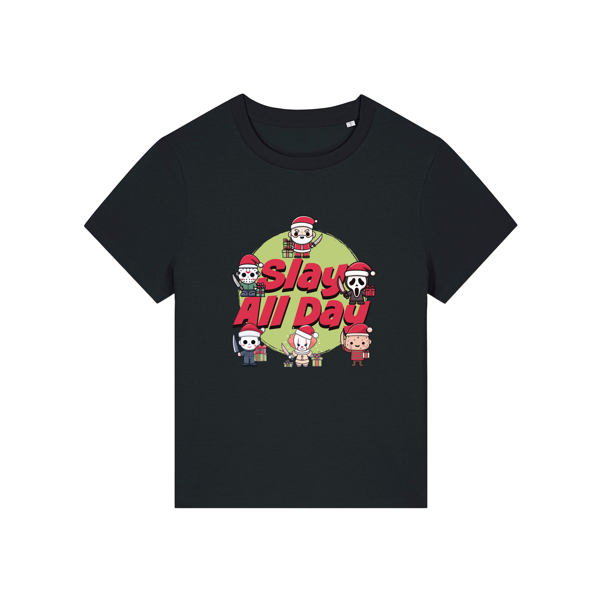 black christmas t-shirt with the graphic of some popular horror movie characters with santa and the slogan 'slay all day'