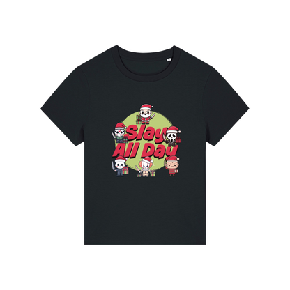 black christmas t-shirt with the graphic of some popular horror movie characters with santa and the slogan 'slay all day'