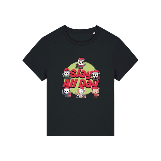 black christmas t-shirt with the graphic of some popular horror movie characters with santa and the slogan 'slay all day'