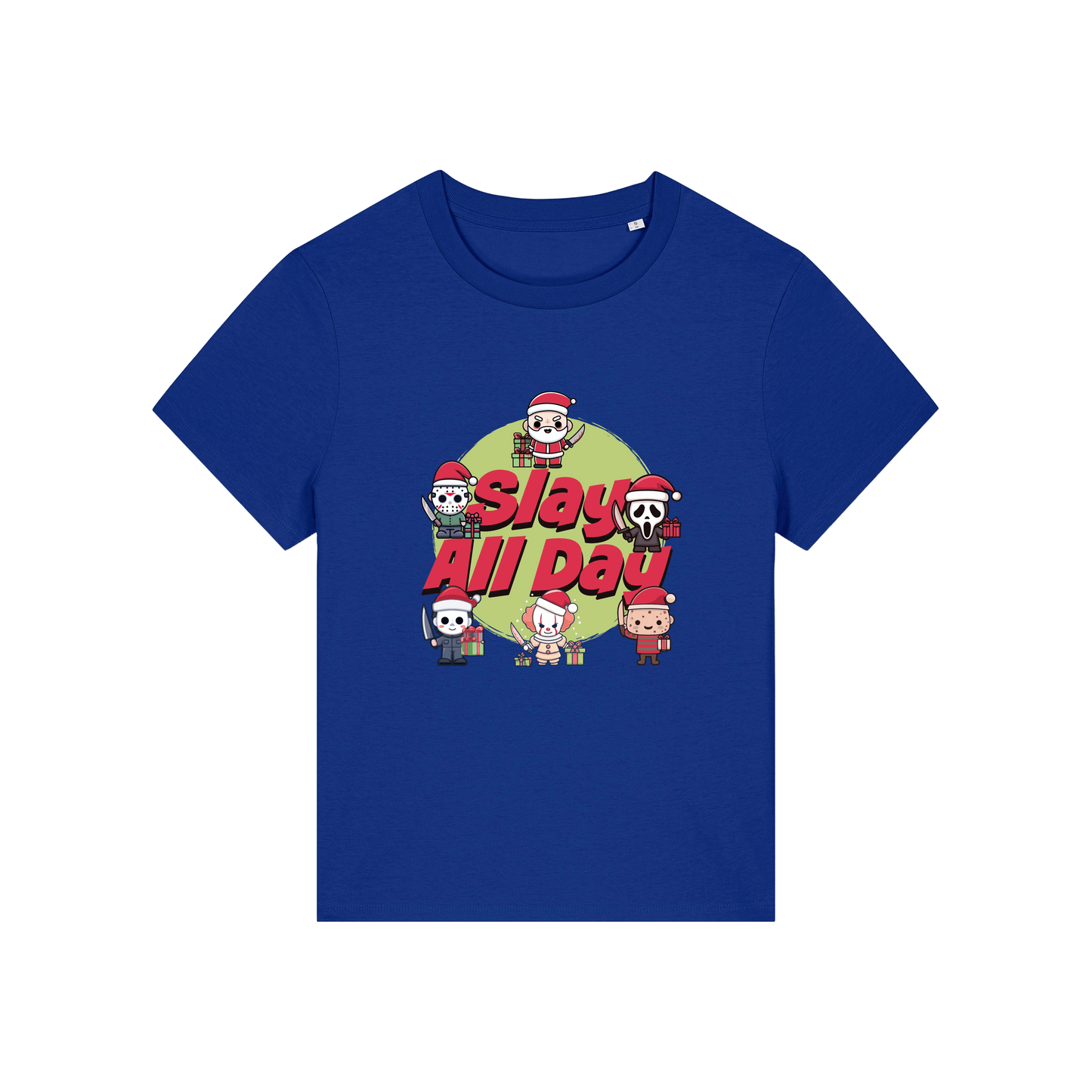 blue christmas t-shirt with the graphic of some popular horror movie characters with santa and the slogan 'slay all day'
