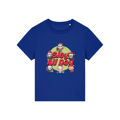 blue christmas t-shirt with the graphic of some popular horror movie characters with santa and the slogan 'slay all day'