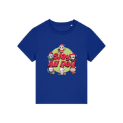 blue christmas t-shirt with the graphic of some popular horror movie characters with santa and the slogan 'slay all day'