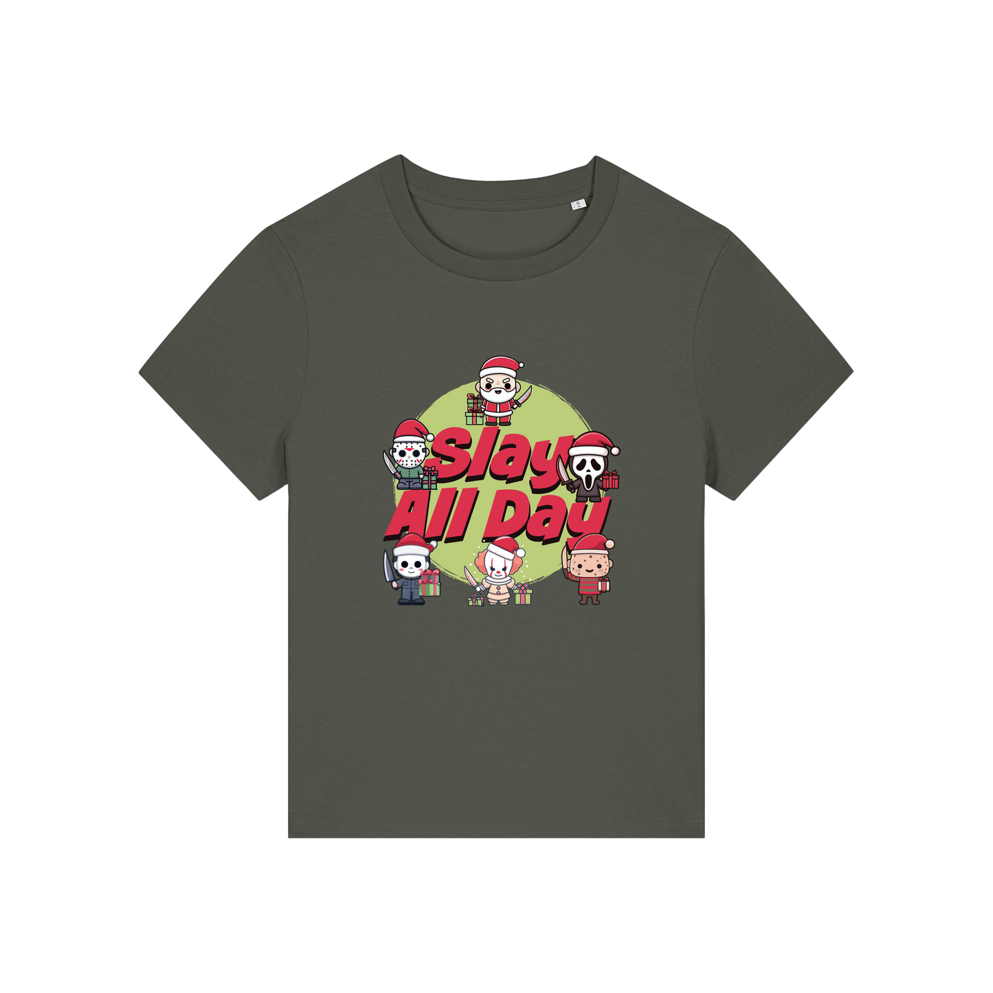 khaki christmas t-shirt with the graphic of some popular horror movie characters with santa and the slogan 'slay all day'