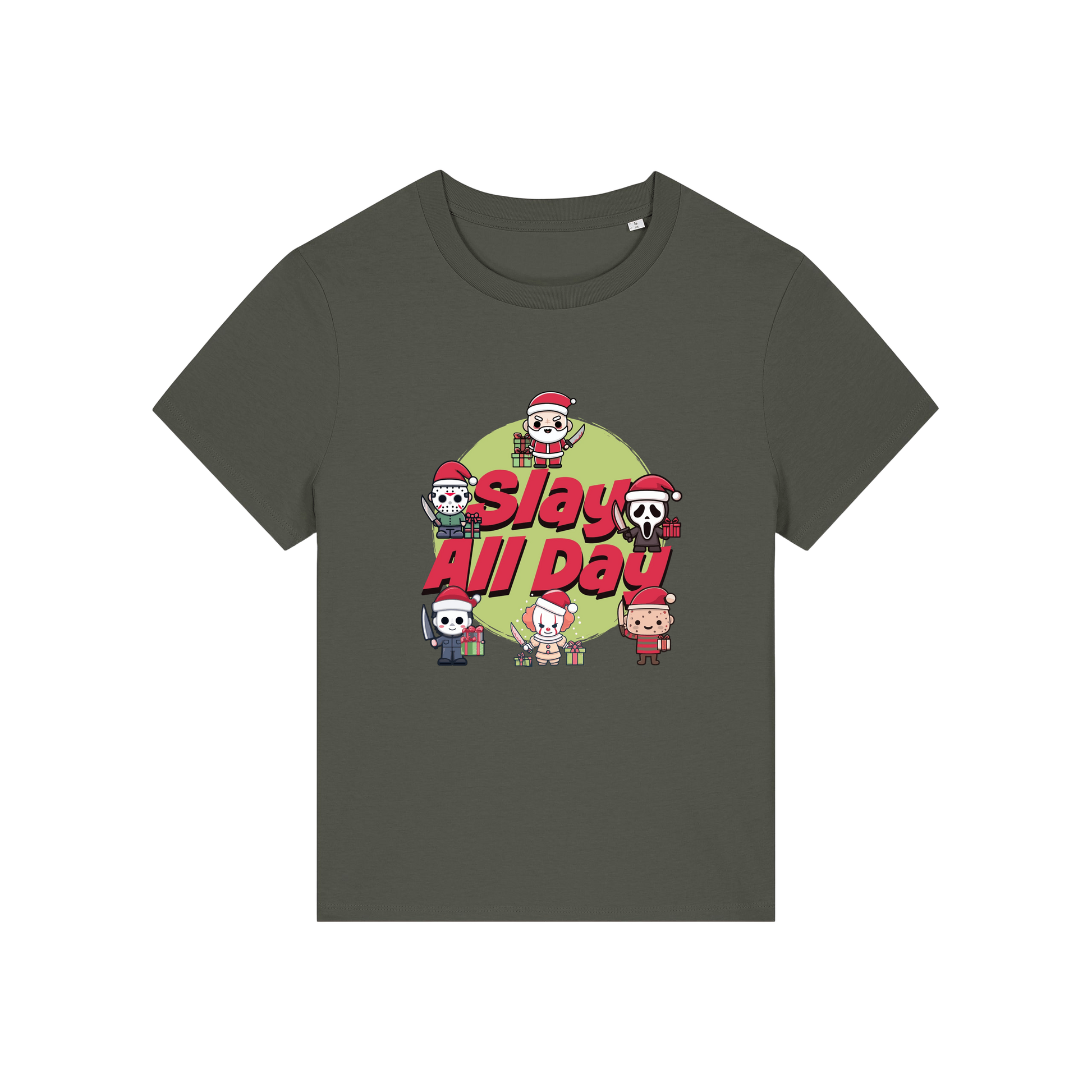 khaki christmas t-shirt with the graphic of some popular horror movie characters with santa and the slogan 'slay all day'