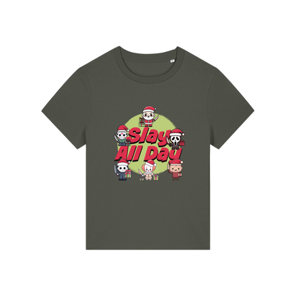khaki christmas t-shirt with the graphic of some popular horror movie characters with santa and the slogan 'slay all day'