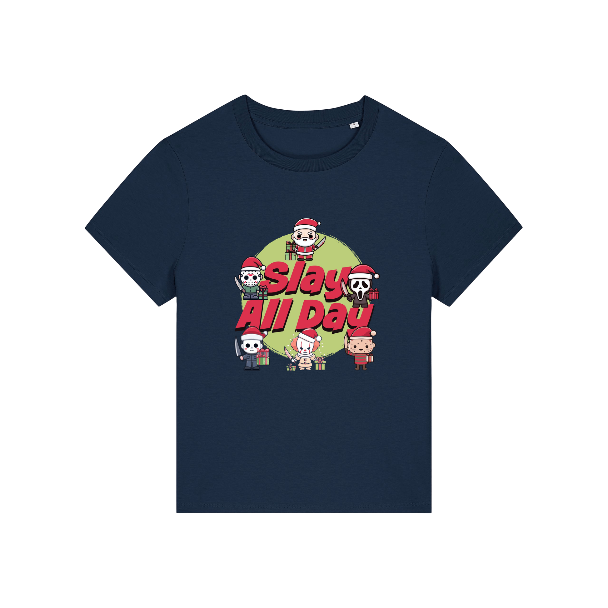 navy christmas t-shirt with the graphic of some popular horror movie characters with santa and the slogan 'slay all day'