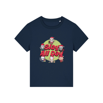 navy christmas t-shirt with the graphic of some popular horror movie characters with santa and the slogan 'slay all day'