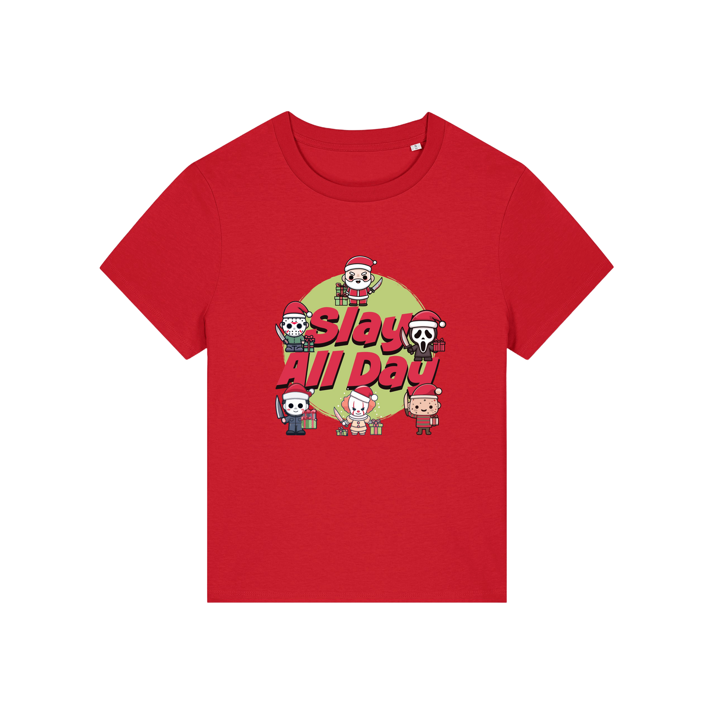 red christmas t-shirt with the graphic of some popular horror movie characters with santa and the slogan 'slay all day'
