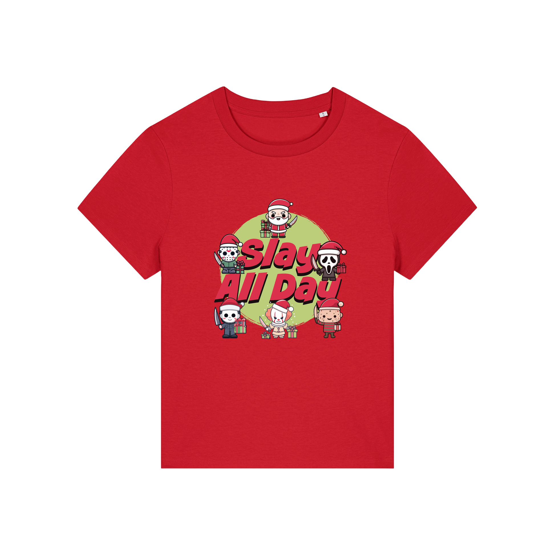 red christmas t-shirt with the graphic of some popular horror movie characters with santa and the slogan 'slay all day'