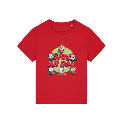 red christmas t-shirt with the graphic of some popular horror movie characters with santa and the slogan 'slay all day'
