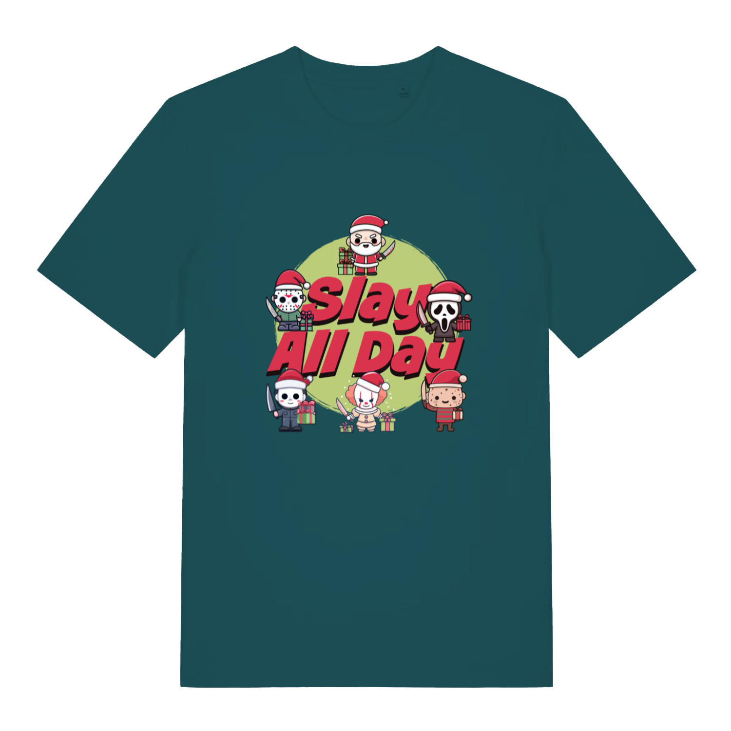 teal women's xmas t-shirt with the graphic of cartoon fictional horror movie characters and the slogan 'slay all day'