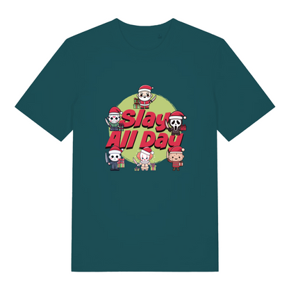 teal women's xmas t-shirt with the graphic of cartoon fictional horror movie characters and the slogan 'slay all day'