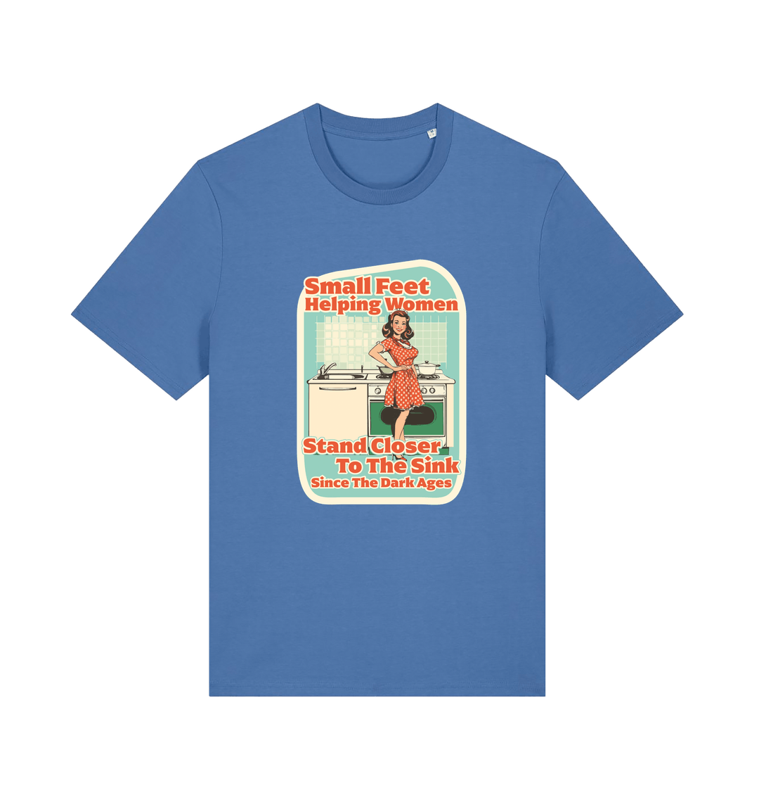 blue funny offensive t-shirt with the graphic of a retro housewife stood in a kitchen and the slogan 'small feet helping women stand closer to the sink since the dark ages'