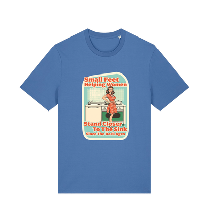 blue funny offensive t-shirt with the graphic of a retro housewife stood in a kitchen and the slogan 'small feet helping women stand closer to the sink since the dark ages'