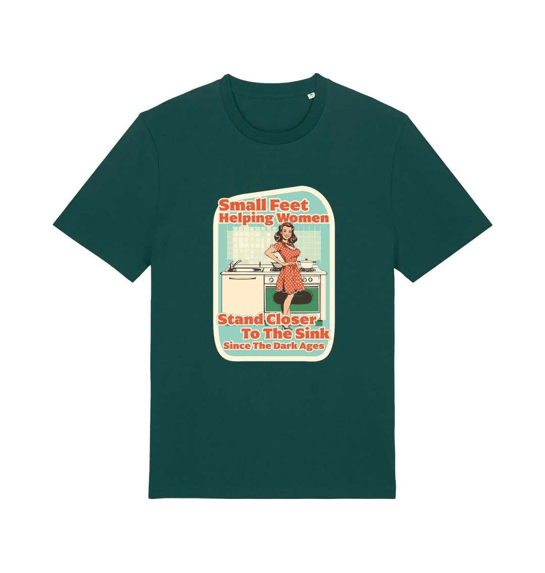 green funny offensive t-shirt with the graphic of a retro housewife stood in a kitchen and the slogan 'small feet helping women stand closer to the sink since the dark ages'