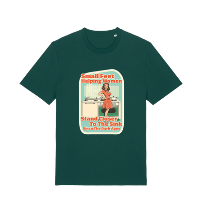 green funny offensive t-shirt with the graphic of a retro housewife stood in a kitchen and the slogan 'small feet helping women stand closer to the sink since the dark ages'