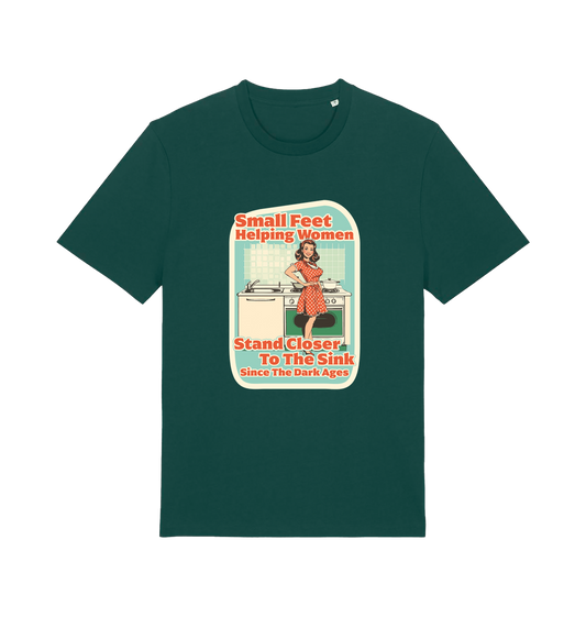 green funny offensive t-shirt with the graphic of a retro housewife stood in a kitchen and the slogan 'small feet helping women stand closer to the sink since the dark ages'
