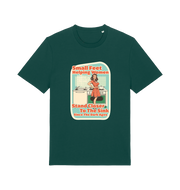 green funny offensive t-shirt with the graphic of a retro housewife stood in a kitchen and the slogan 'small feet helping women stand closer to the sink since the dark ages'