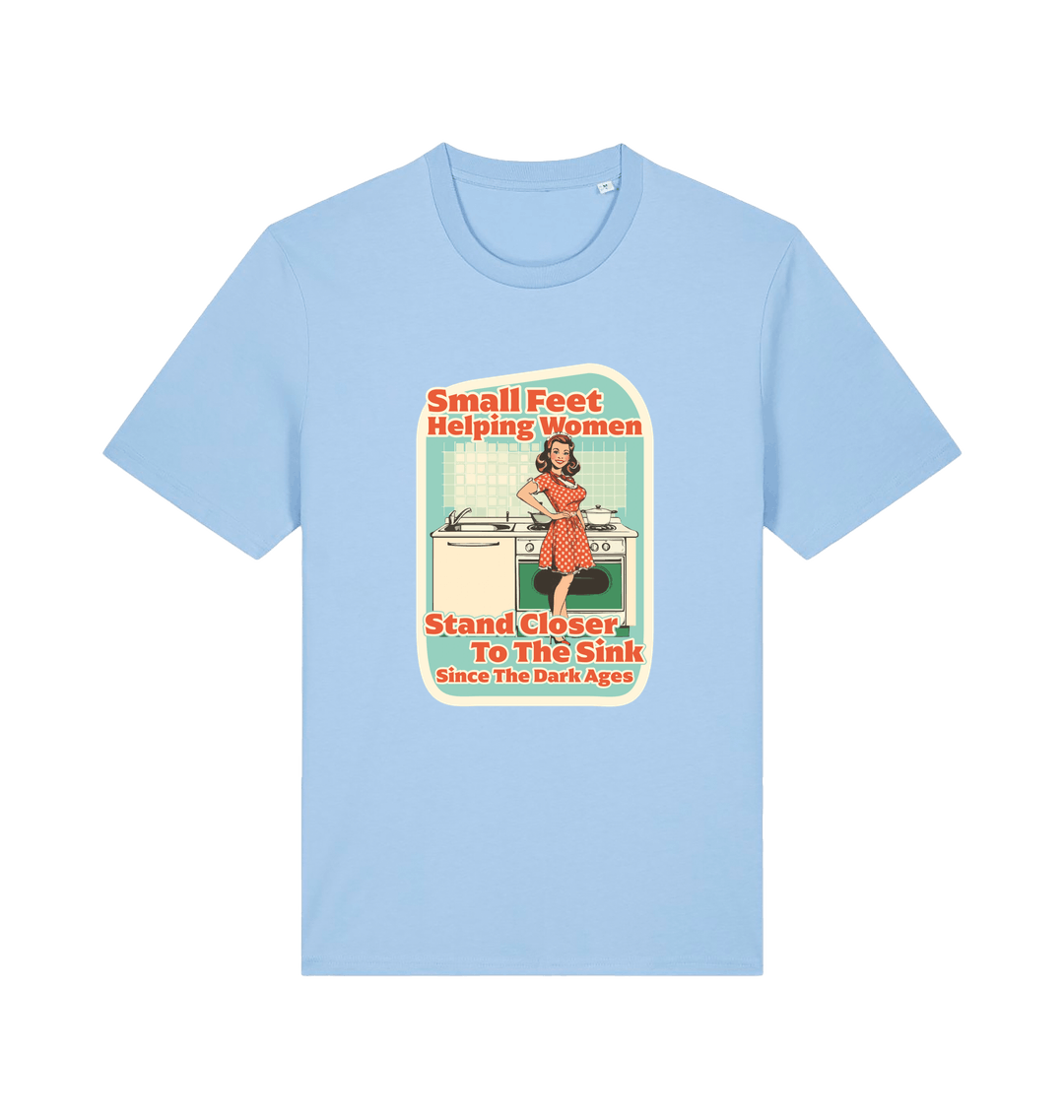 light blue funny offensive t-shirt with the graphic of a retro housewife stood in a kitchen and the slogan 'small feet helping women stand closer to the sink since the dark ages'
