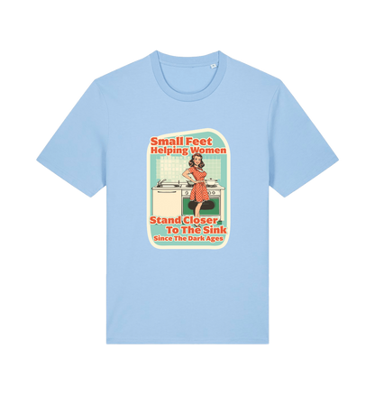light blue funny offensive t-shirt with the graphic of a retro housewife stood in a kitchen and the slogan 'small feet helping women stand closer to the sink since the dark ages'