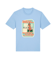 light blue funny offensive t-shirt with the graphic of a retro housewife stood in a kitchen and the slogan 'small feet helping women stand closer to the sink since the dark ages'