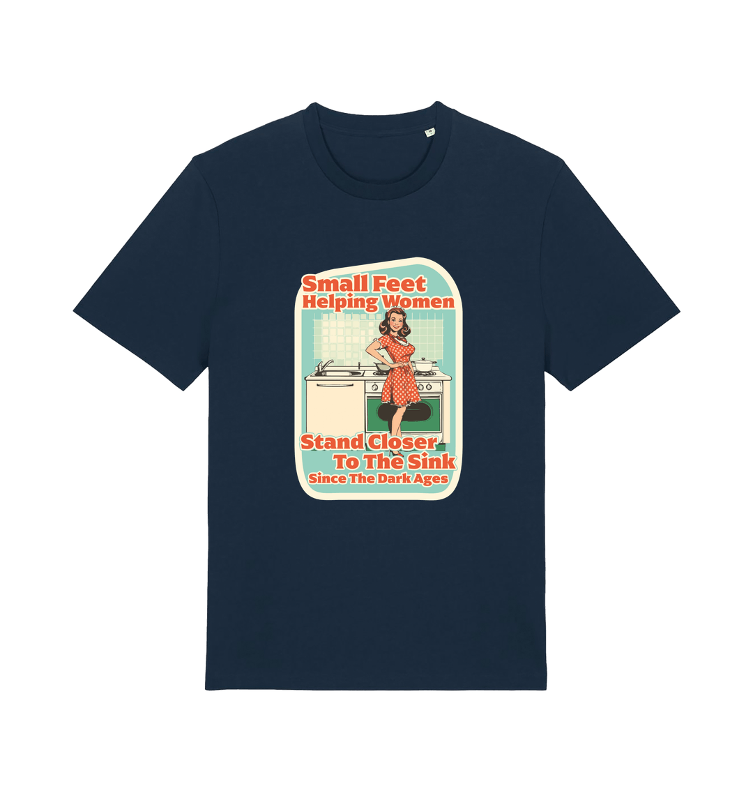 navy funny offensive t-shirt with the graphic of a retro housewife stood in a kitchen and the slogan 'small feet helping women stand closer to the sink since the dark ages'