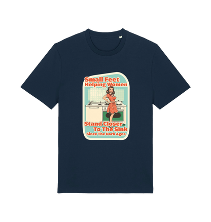 navy funny offensive t-shirt with the graphic of a retro housewife stood in a kitchen and the slogan 'small feet helping women stand closer to the sink since the dark ages'