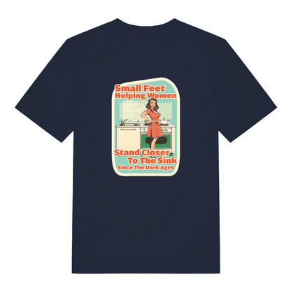 navy funny offensive t-shirt with the graphic of a retro housewife stood in a kitchen setting and the slogan 'small feet helping women stand closer to the sink since the dark ages'