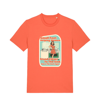 orange funny offensive t-shirt with the graphic of a retro housewife stood in a kitchen and the slogan 'small feet helping women stand closer to the sink since the dark ages'