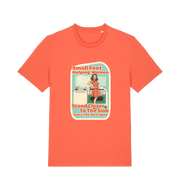 orange funny offensive t-shirt with the graphic of a retro housewife stood in a kitchen and the slogan 'small feet helping women stand closer to the sink since the dark ages'
