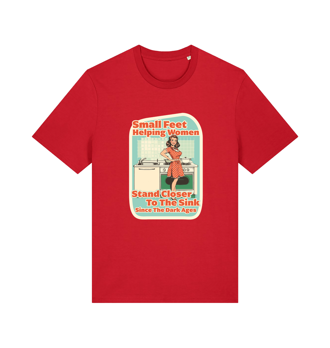 red funny offensive t-shirt with the graphic of a retro housewife stood in a kitchen and the slogan 'small feet helping women stand closer to the sink since the dark ages'