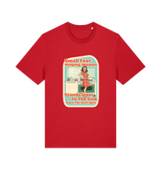 red funny offensive t-shirt with the graphic of a retro housewife stood in a kitchen and the slogan 'small feet helping women stand closer to the sink since the dark ages'