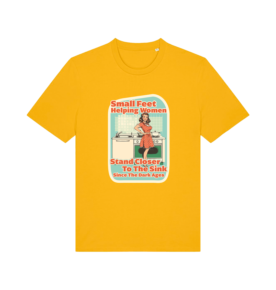 yellow funny offensive t-shirt with the graphic of a retro housewife stood in a kitchen and the slogan 'small feet helping women stand closer to the sink since the dark ages'