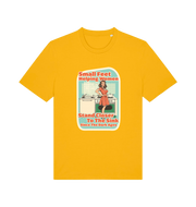 yellow funny offensive t-shirt with the graphic of a retro housewife stood in a kitchen and the slogan 'small feet helping women stand closer to the sink since the dark ages'