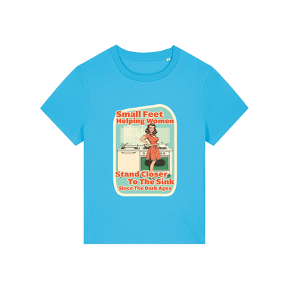 blue funny offensive t-shirt with the graphic of a retro housewife and the slogan 'small feet helping women stand closer to the sink since the dark ages'