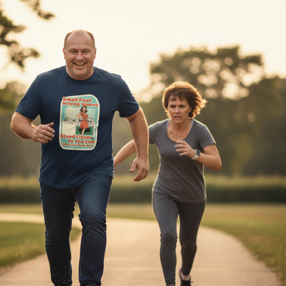 Two people running outdoors on a path with trees in the background