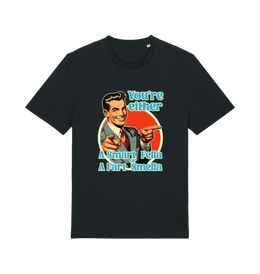 black funny graphic t-shirt with a man pointing his fingers and the slogan 'you're either a smart fella or a fart smella'