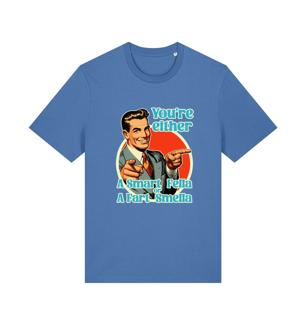 blue funny graphic t-shirt with a man pointing his fingers and the slogan 'you're either a smart fella or a fart smella'