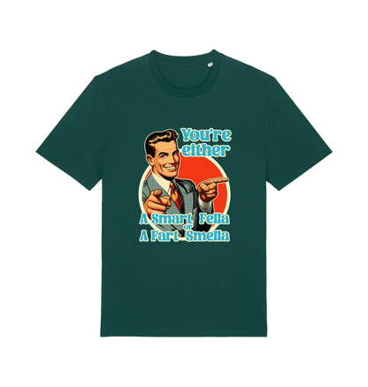 green funny graphic t-shirt with a man pointing his fingers and the slogan 'you're either a smart fella or a fart smella'
