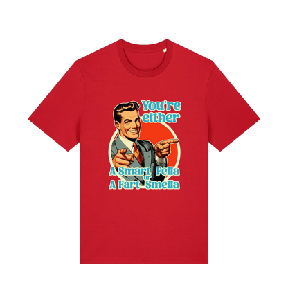 red funny graphic t-shirt with a man pointing his fingers and the slogan 'you're either a smart fella or a fart smella'