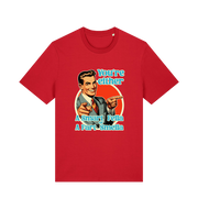 red funny graphic t-shirt with a man pointing his fingers and the slogan 'you're either a smart fella or a fart smella'