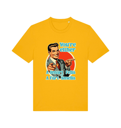 yellow funny graphic t-shirt with a man pointing his fingers and the slogan 'you're either a smart fella or a fart smella'